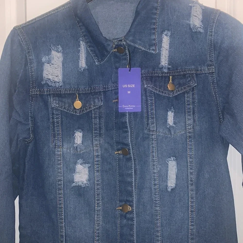 Women’s Long Denim Jacket Ripped Destroyed Distressed US M
